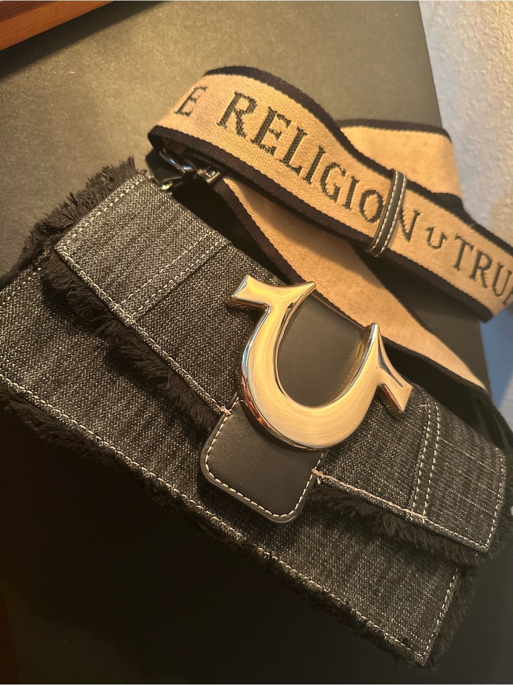 True Religion Black Denim Shoulder Bag with Gold Accent